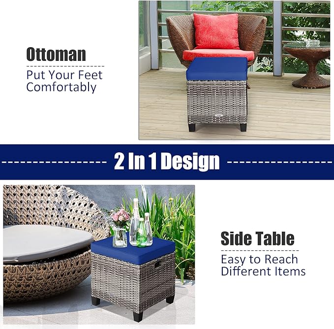 Tangkula 2 Pieces Patio Rattan Ottomans, Outdoor Wicker Footstool Footrest Seat with Soft Cushions and Steel Frame, All-Weather Patio Ottoman Set for Backyard Garden Poolside
