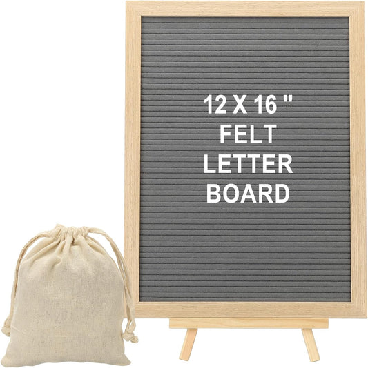 PATIKIL Felt Letter Board, 12x16Inches Gray Wooden Changeable Message Board with Storage Bag Stand for Kitchen Menu Classroom Farmhouse Decor Notes, White Letter