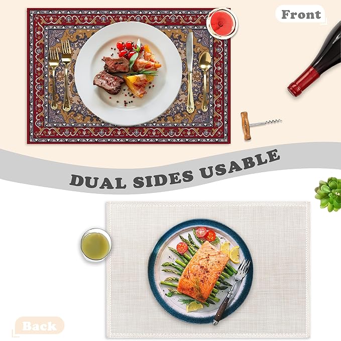 Ethnic Boho Linen Placemats Set of 6,12x18 Inch Vintage Bohemian Washable Table Mats Heat Resistant Place Mats for Home Party Kitchen Dining Decoration