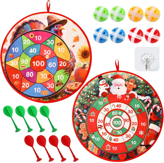 Thanksgiving Games: 29" Turkey Dart Board with PE Sticky Balls for Kids | Double-Sided Christmas Santa Toss Games for Family Party | Indoor & Outdoor Darts Set, 8 Polyethylene Balls & Darts