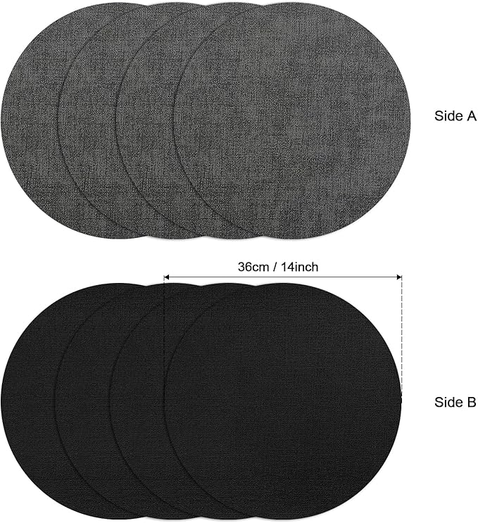 Myir JUN Round Placemats, Dual Sided Faux Leather Place Mats Set of 4 Indoor/Outdoor Non-Slip Washable Table Mats (Gray Black, Set of 4)