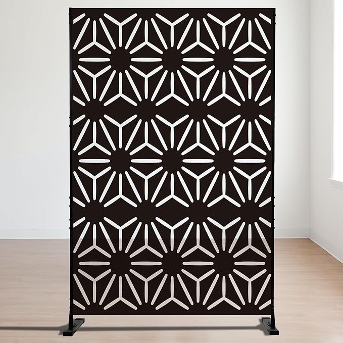 Kozyard Metal Privacy Screen 74" H x 47.2" W Decorative Outdoor Divider with Stand Panels Freestanding Screen Set for Deck Patio Balcony Garden Outdoor&Indoor(Black/Hexagonal Star)