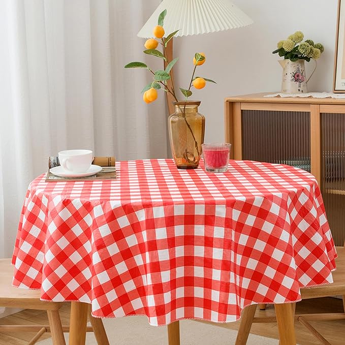 Nasitos Red and White Checkered Tablecloth 60 Inch Round for Christmas, Vinyl Tablecloth with Flannel Backing for Picnic, Round Dining Table, Outdoor Travel, 2 Pack