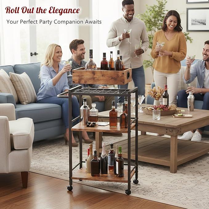 3-Tier Bar Cart for The Home, Rolling Cart with Wheels and Handle, 3-Tier Serving Cart with Removable Tray, Kitchen Carts on Wheels with Storage