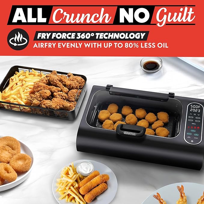 Gourmia Smokeless Indoor Grill & Air Fryer with Recipe Book – Electric Grill for Indoor Use, 5‑in‑1 Countertop Cooker, Cast-Iron Grate, 1650W, Glass Lid, Dishwasher-Safe Plates