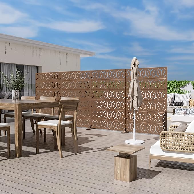 Casaphoria Metal Privacy Screen Outdoor, 72" H x 47" W Freestanding Decorative Privacy Screen for Patio Deck Balcony Garden with Stable Base, Brown Star