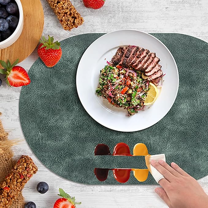 ADRIMER Placemats, Heat Resistant Oval Placemats Set of 4 Washable 12 x 17 Inch, Waterproof Table Mats, Wipeable Pu Place Mats for Kitchen, Dining Room, Blue & Green