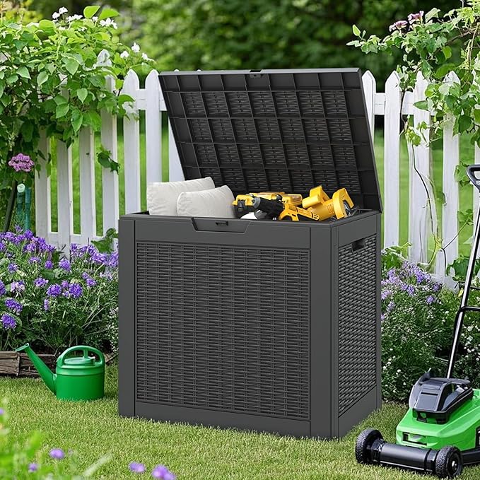 NUNU LAB 35 Gallon Outdoor Storage Box Waterproof, Outside Package Delivery Deck Boxes with Lockable Lid, Backyard Storage Bin For Garden Tools, Patio Cushions Accessories, Black