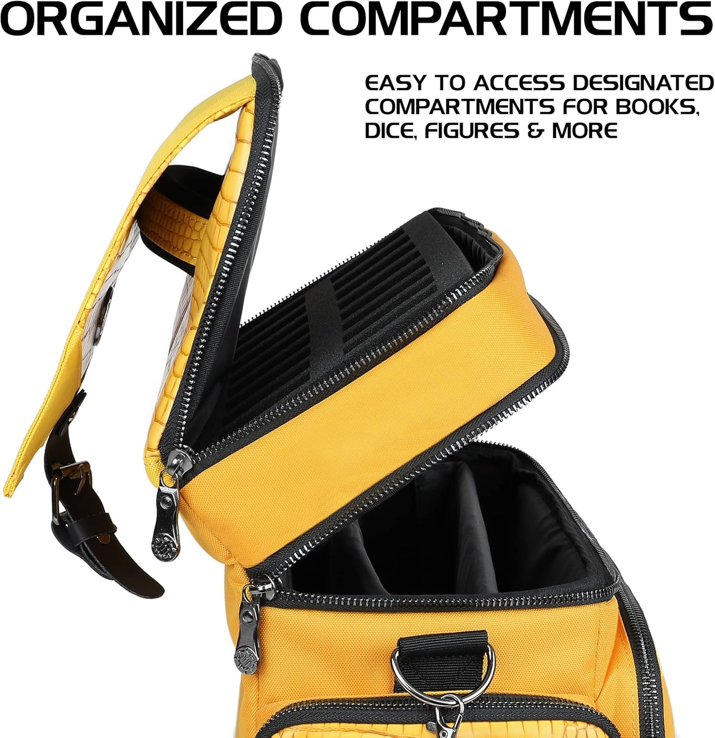 ENHANCE Collector's Edition RPG Adventurer's DnD Bag - Dragon Hide Exterior Travel RPG Bag with Tabletop Miniatures Storage Vault, Mat Holder, DnD Dice & Token Pockets, Fits 4-8 Books (Dragon Gold)