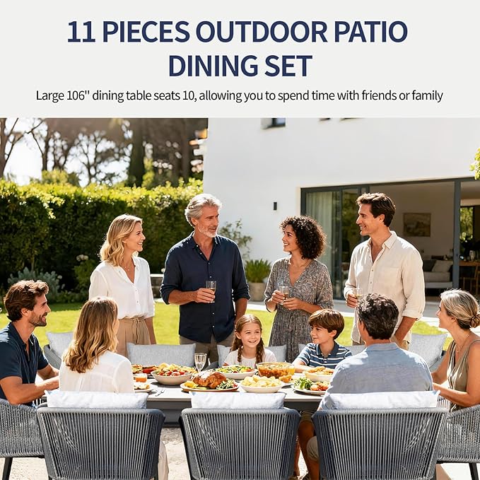 11 Pieces Patio Dining Set for 10 - All Weather Outdoor Dining Sets, All in One Outdoor Table and Chairs, Wicker Outdoor Patio Furniture Sets with Cushions and Pillows, Grey