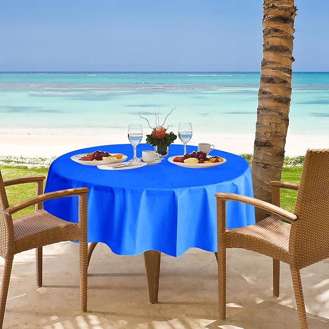 Nasitos 2 Pack Round Vinyl Tablecloth 60 Inch-Vinyl Plastic Blue Table Cloth Flannel Backed, Waterproof Stain Resistant Table Cover, Disposable Tablecloth for Wedding, Graduation Party, Holiday Dinner