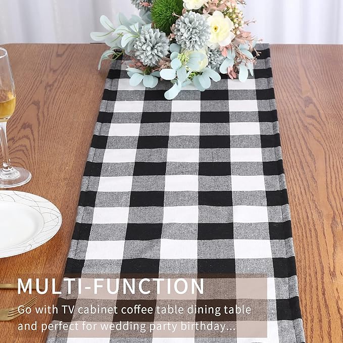 Tosewever Buffalo Check Plaid Table Runner, Cotton Polyester Blend Classic Family Dinner Table Runners for Indoor Outdoor Parties, Christmas Events Home Decoration (Black and White, 14 x 72 Inch)