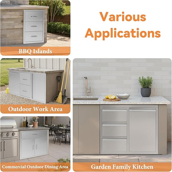 Jocisland Outdoor Kitchen Drawers 28" W×23" D×23" H Stainless Steel Drawers for Outdoor Kitchens, Single Door Trash Drawer & 3-Drawer Cabinet, Built-in BBQ Island Storage