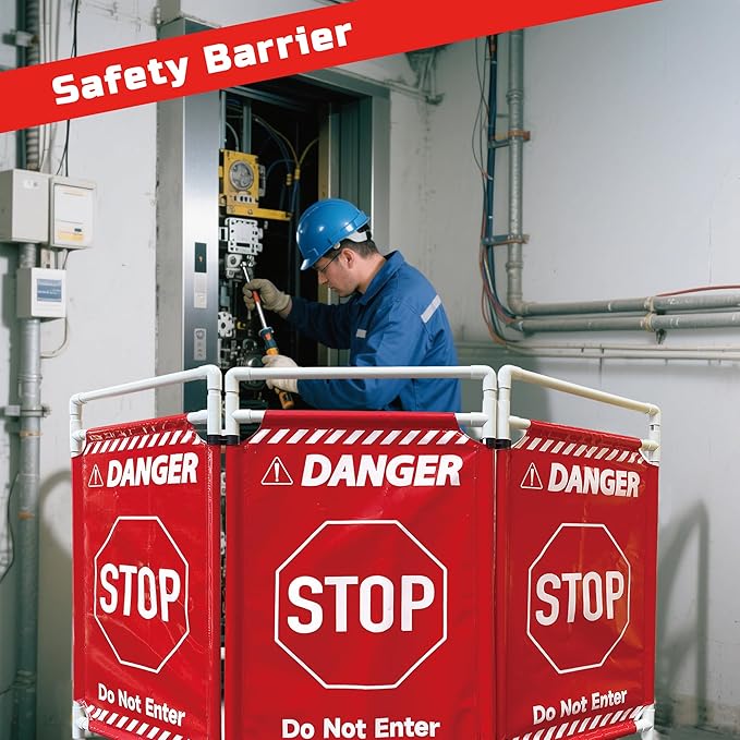 Safety Caution Barricade 3Panels Foldable Security Signs With PVC Tarp Removable Safety Barrier Wet Floor Guard Symbol Clear Printing Safety Fence(Red3)