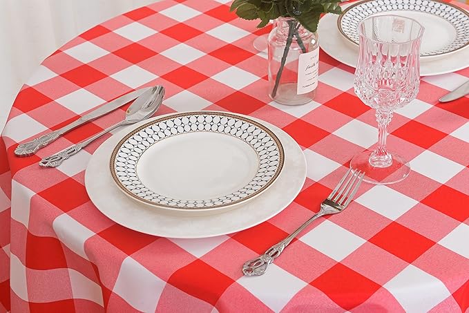 2 Pack Waterproof Polyester Fabic Round Checkered Tablecloth，60 Outdoor Table Cloth，Oil Stain Prevention Table Cloth for Pinics and Parties（Red and White）