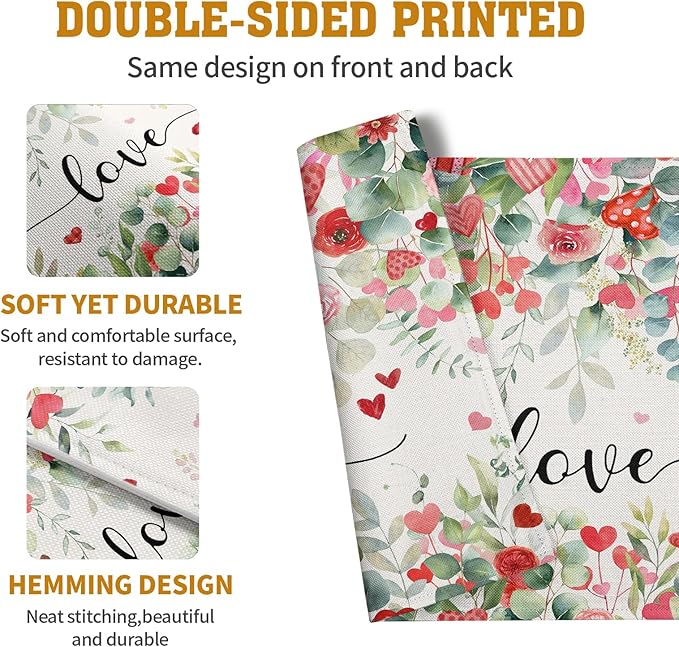 Valentines Day Love Heart Rose Placemats Set of 4 Valentine Eucalyptus Leaves Linen Table Mats Heat 12x18 Inch Spring Resistant Washable Table Mats for Kitchen Dining Decoration