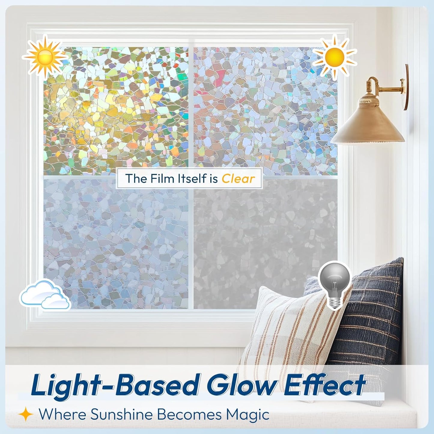 rabbitgoo Rainbow Window Privacy Film Decorative Stained Glass Diamond Pattern Window Sticker with Iridescent Tint Non-Adhesive Static Cling for Home Office Crystal Pattern, 35.4 x 78.7 inch