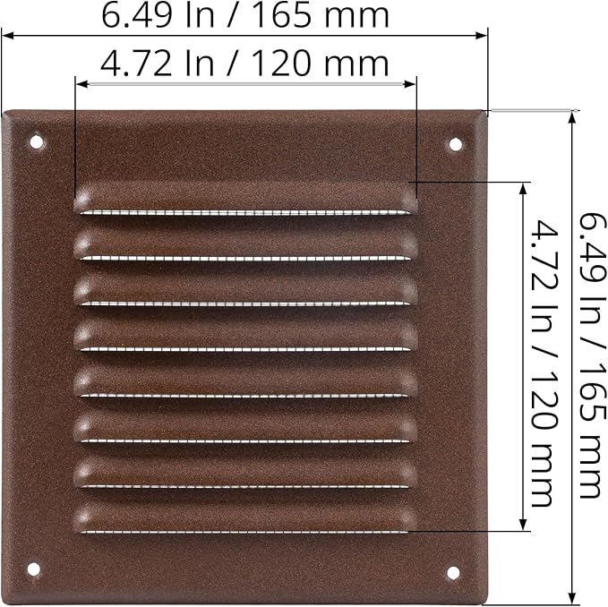 Square Ventilation Grille / 5" x 5" Inch Inside Measurement/Brown Metal Air Vent Louver - Inside/Outside use / 6.5" x 6.5" Inch Outer Measurement