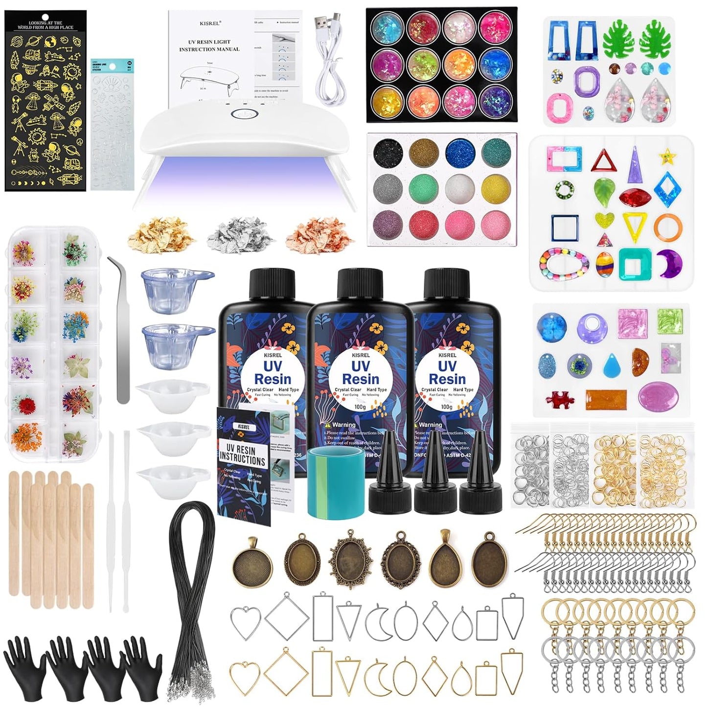 KISREL UV Resin Jewelry Making Kit, 300g Crystal Clear Resin with Light and Molds, DIY Jewelry Making Kit, Resina Starter Kits for Keychain and Earring
