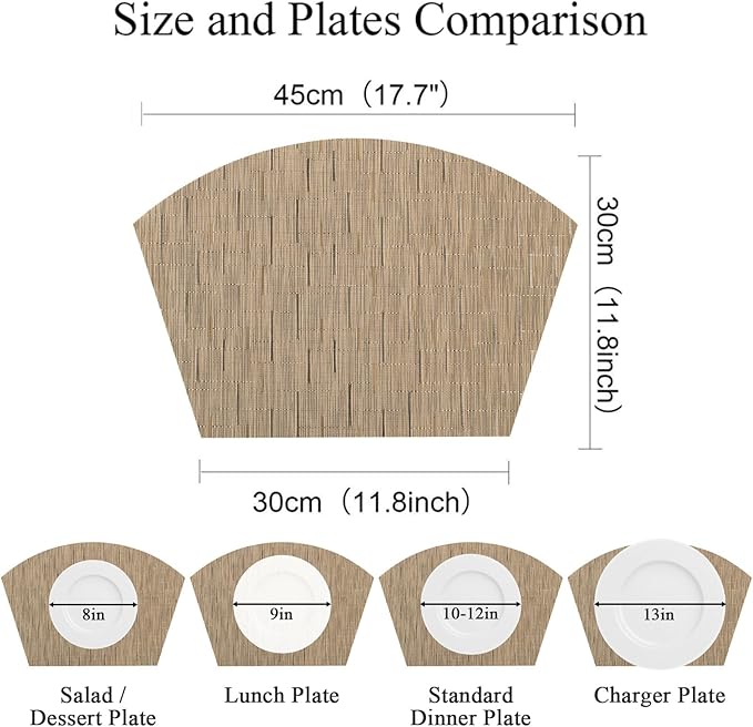 SHACOS Wedge Shape Placemats Set of 4 Woven Vinyl Round Table Placemat Curved Place Mats Wipe Clean Dining Table Mats Home Table Decor (4, Tan)