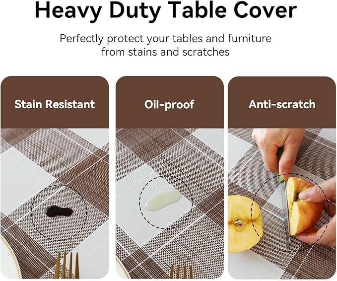 Romanstile Square Plastic Tablecloth, 100% Waterproof Oil-Proof Checkered PVC Table Cloth, Heavy Duty Vinyl Table Cover for Dining, Camping, Picnic, Outdoor - 54 x 54 Inch, Brown Checkered