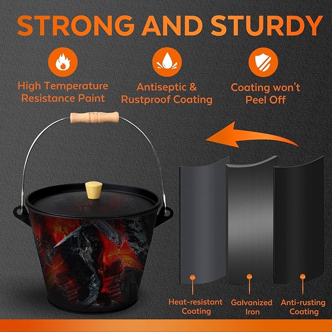 Small Ash Bucket with Lid and Shovel, Metal Fireplace Ash Bucket with Broom, Complete Fireplace Tools Set for Wood Stove and Fireplace, Black