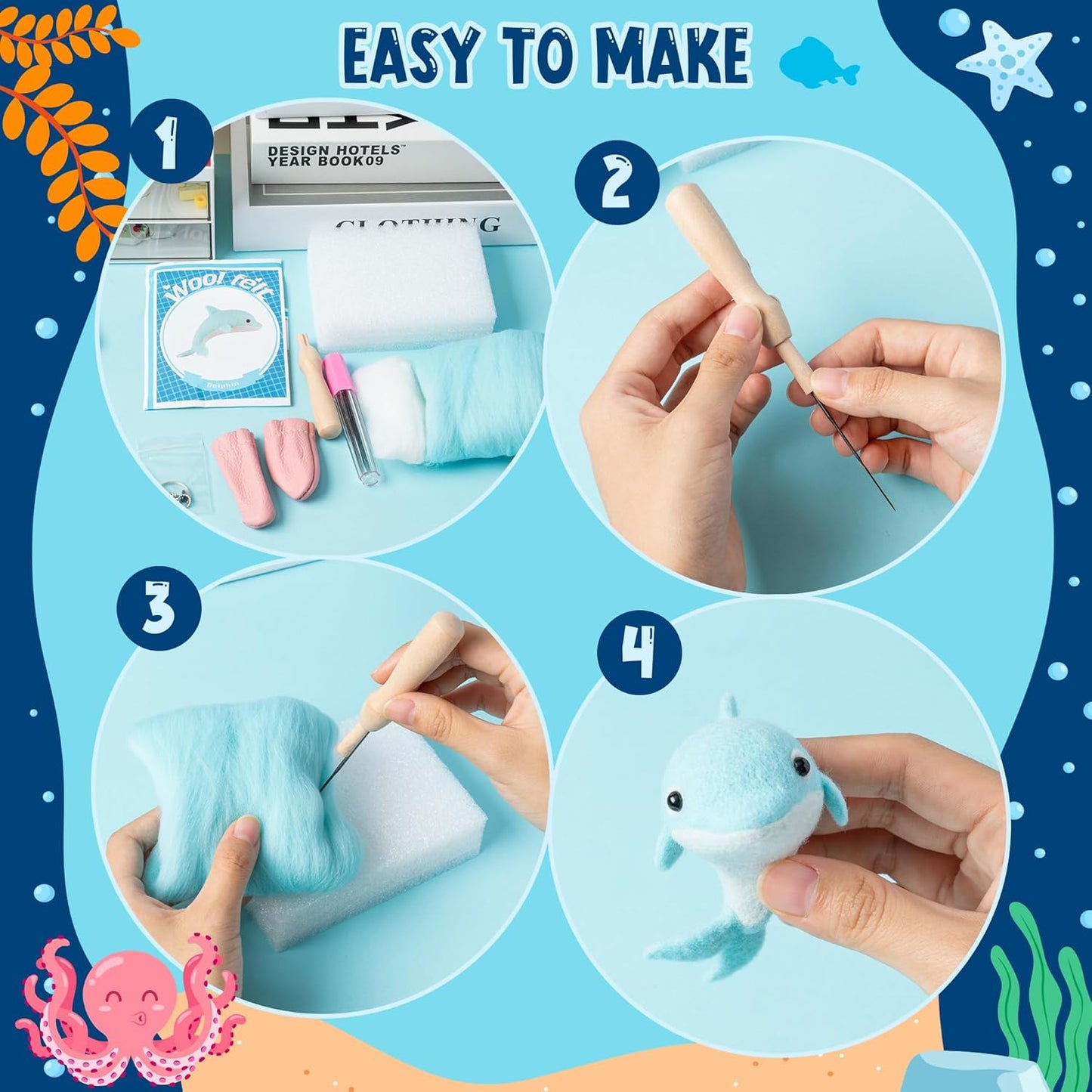 WATINC Needle Felting Kit - 5 Set Unique Different Cute Doll Wool Felt Needle Tools Foam Pad Instruction, DIY Home Decoration Craft Party Supplies for Art Work Starter Beginners (Sea Animal)