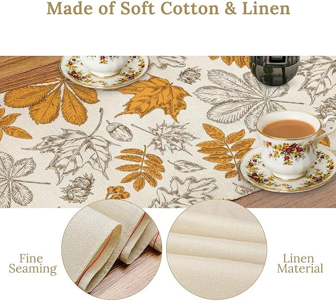 Autumn Maple Leaf Table Runner, Vintage Fall Orange Brown Nature Botanical Leaves Print Table Cover for Home Kitchen Dining Table Decor Indoor Outdoor Party, 13x70inch
