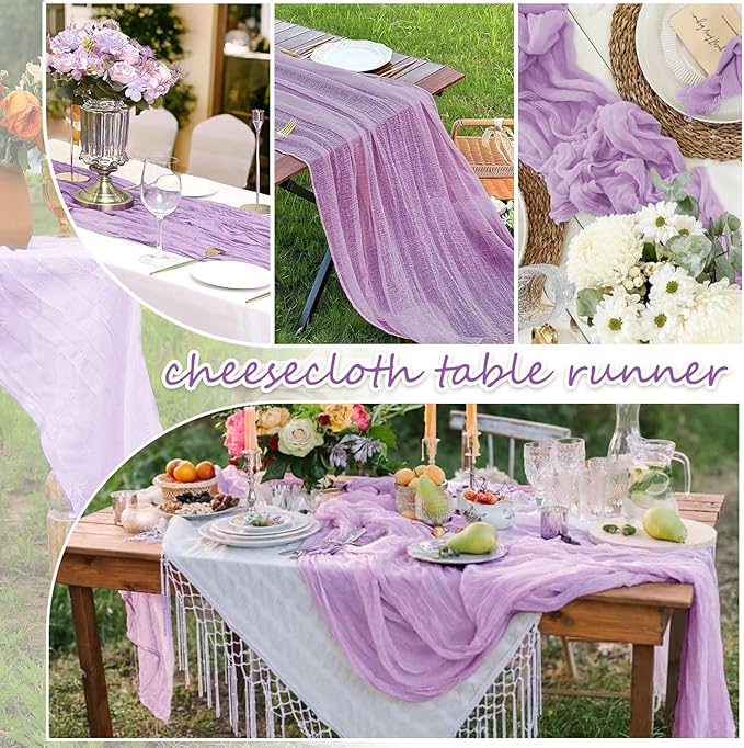 20 Packs Cheesecloth Table Runner 10FT Long Boho Gauze Fabric Table Runner Vintage Rustic Sheer Runners for Wedding Party Bridal Baby Shower Table Decorations (Lilac )