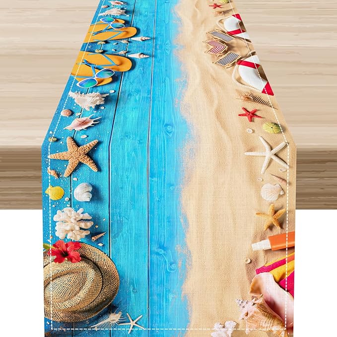 Summer Coastal Table Runner, Nautical Starfish Beach Seashell Ocean Retro Wooden Plank Seasonal Coffee Table Center Decor for Home Kitchen Dining Patio Holiday Party Table Decorations 13"x90"