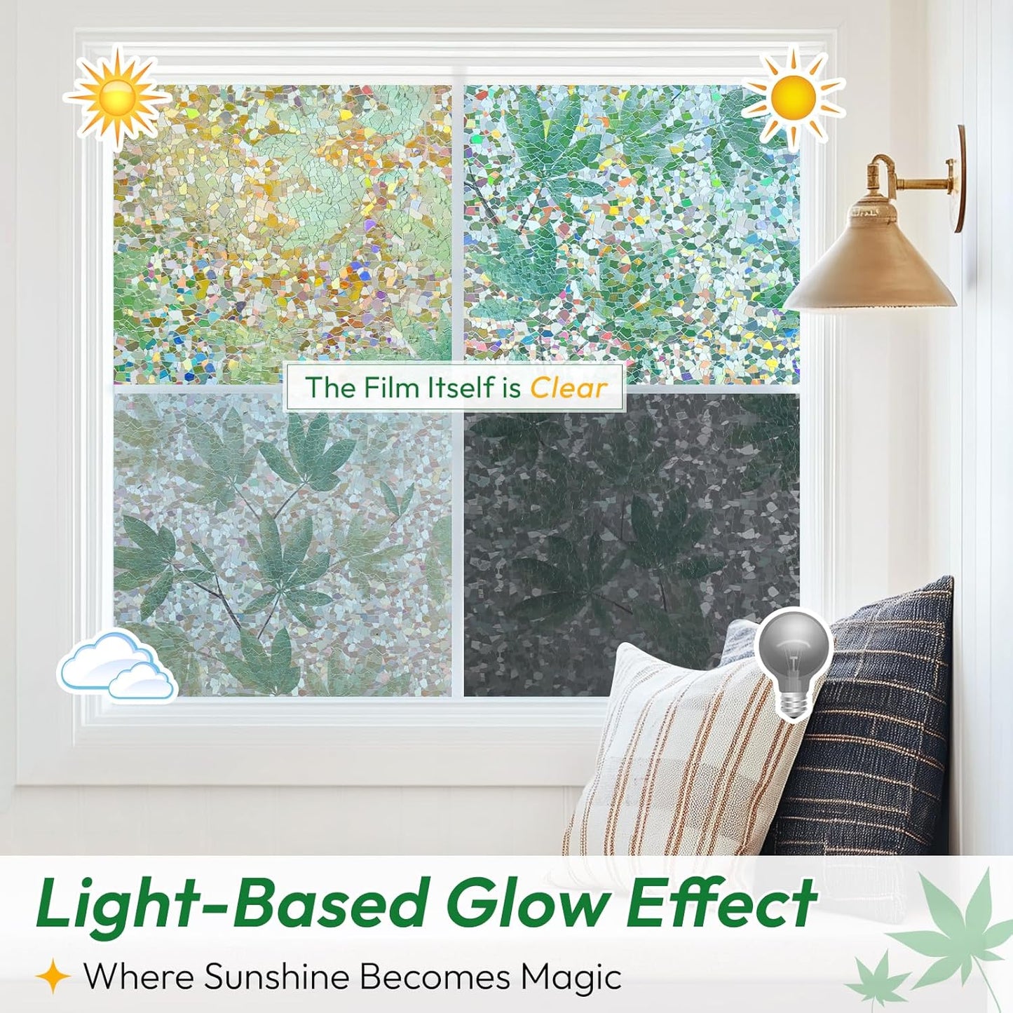 rabbitgoo Rainbow Window Privacy Film Decorative Stained Glass Diamond Pattern Window Sticker with Iridescent Tint Non-Adhesive Static Cling for Home Office Bathroom, Green Leaf 17.5 x78.7 inch