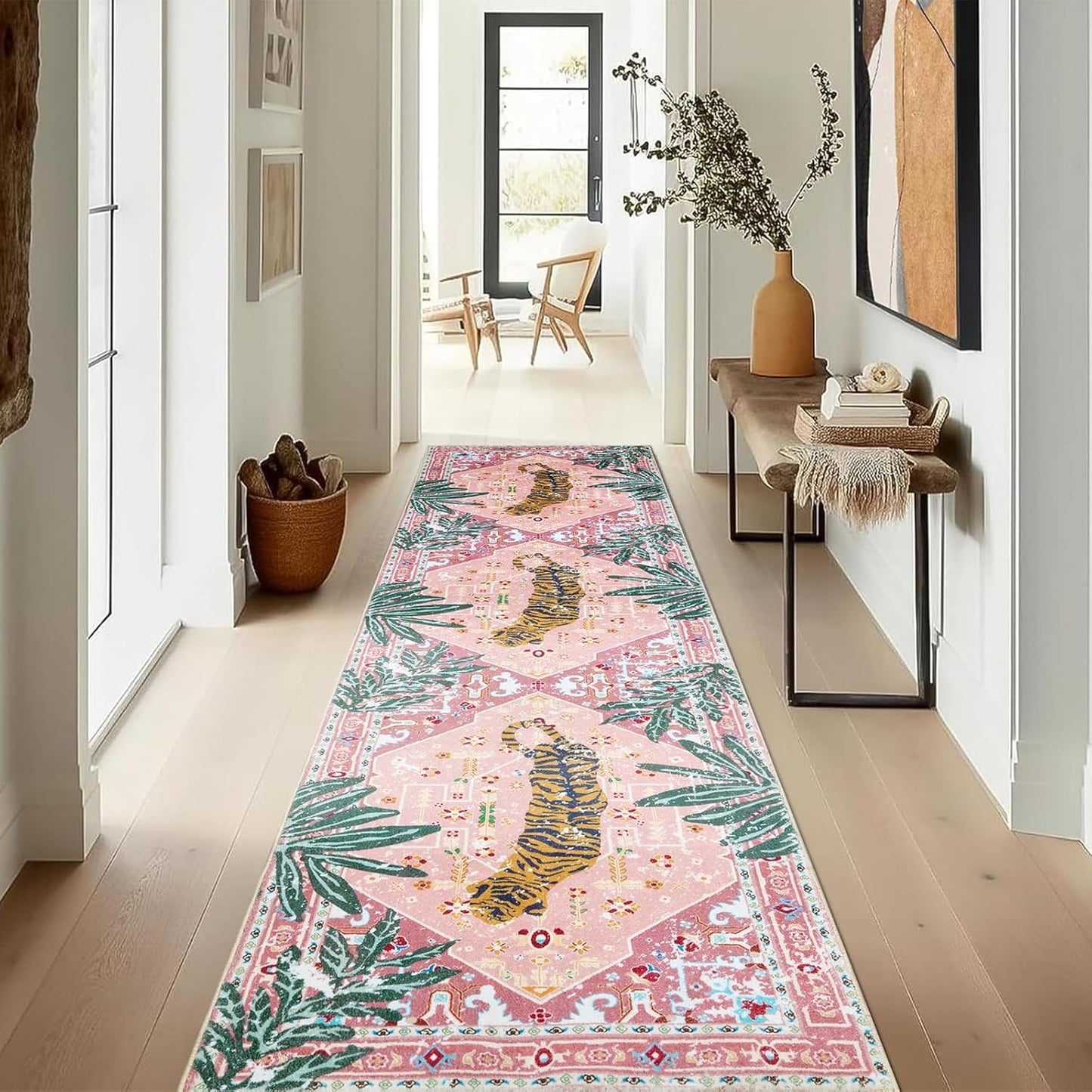 Oriental Tropical Hallway Runner Rug 2x8 Washable, Thin Stain Resistant Pink Boho Runner Rug for Entryway Kitchen Bedroom Laundry, Vintage Abstract Hippie Indian Botanical Long Floor Carpet