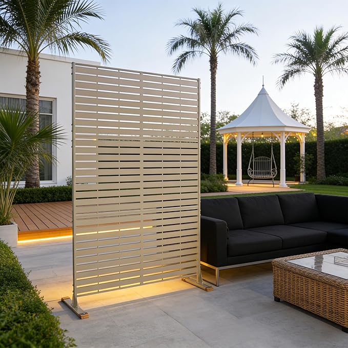 Kozyard Metal Privacy Screen 74" H x 47.2" W Decorative Outdoor Divider with Stand Panels Freestanding Screen Set for Deck Patio Balcony Garden Outdoor&Indoor (Beige/Horizontal Slat)