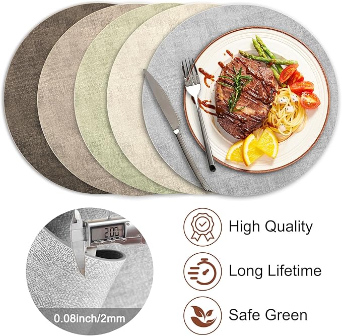 Round Faux Leather Placemats and Coasters, Set of 8, Reversible Heat Resistant Non-Slip Table Mats, Waterproof Wipeable Place Mats for Dining Table, Washable for Indoor & Outdoor (8, Light Grey)