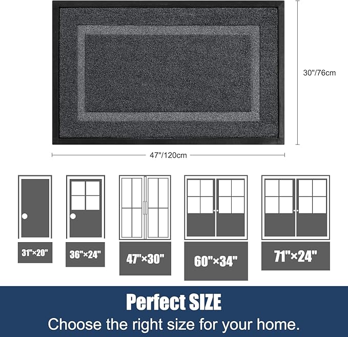 Large Front Door Mat Outside Entrance Indoor Doormat, 47" x 30" Outdoor Mats for Patio Waterproof, Outdoor Door Mats for Outside Entry, Indoor Rugs for Entryway, Sturdy Natural Rubber, Drak Gray