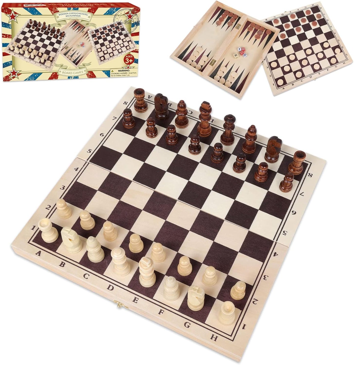 GOTHINK Wooden Chess, Checker, and Backgammon 3 in 1 Board Game Set,Classic Traditional Travel Night Toy and Game Gift Set for Kids Adults Senior Family