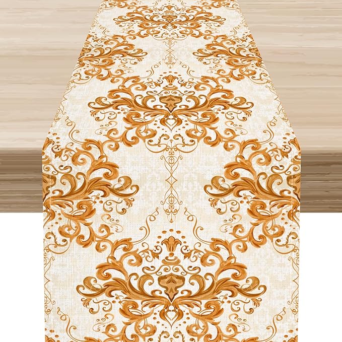 Damask Table Runner, Rustic Gold Gothic Boho Floral Flower Baroque Style Antique Vintage Retro Coffee Table Center Decor for Kitchen and Dining Outdoor Home Country Party Table Decorations, 13"x108"