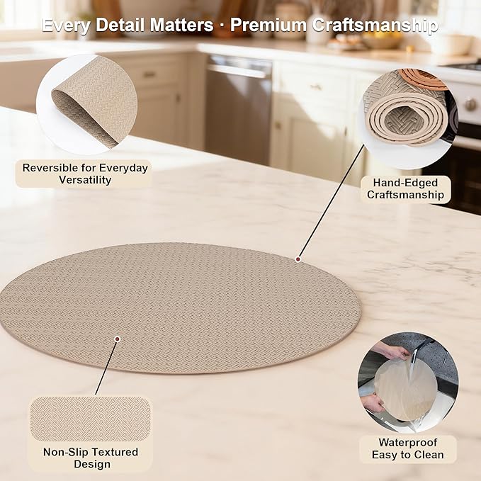 Round Faux Leather Placemats Set of 4 – 13 Inch Vinyl Table Mats, Heat Resistant, Non Slip, Wipeable & Washable, Easy to Clean Dining Table Decor for Kitchen & Dining Room（Light Taupe）