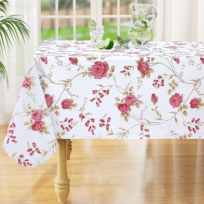 misaya Rectangle Waterproof Vinyl Table Cloth, Plastic Tablecloth with Flannel Backing, Wipeable Table Cover for Dinner, Picnic, Indoor and Outdoor (Pink Flowers, 60" x 84")