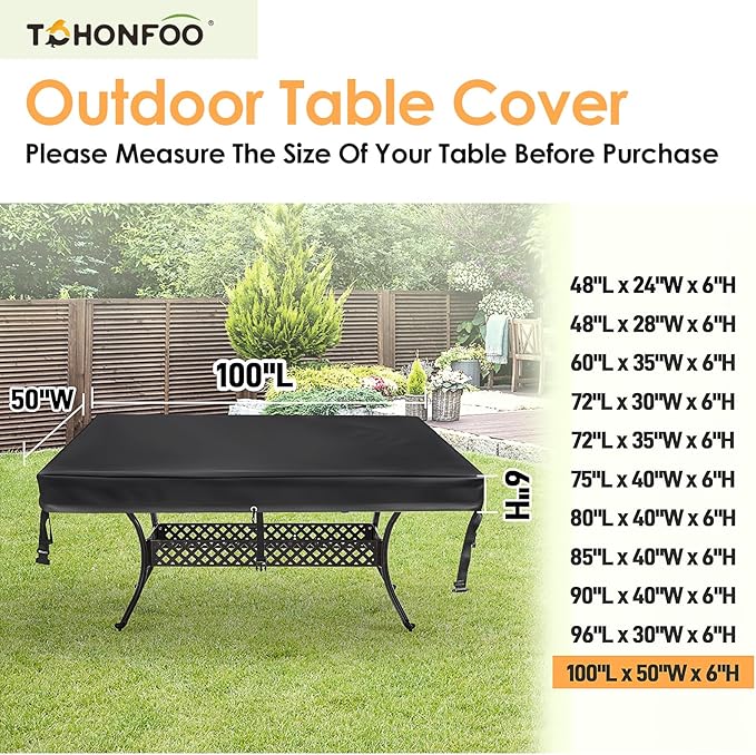 TOHONFOO Rectangular Patio Table Cover - Waterproof Anti-UV Outdoor Table Cover - Outdoor Patio Furniture Cover 100" L x 50" W x 6" H