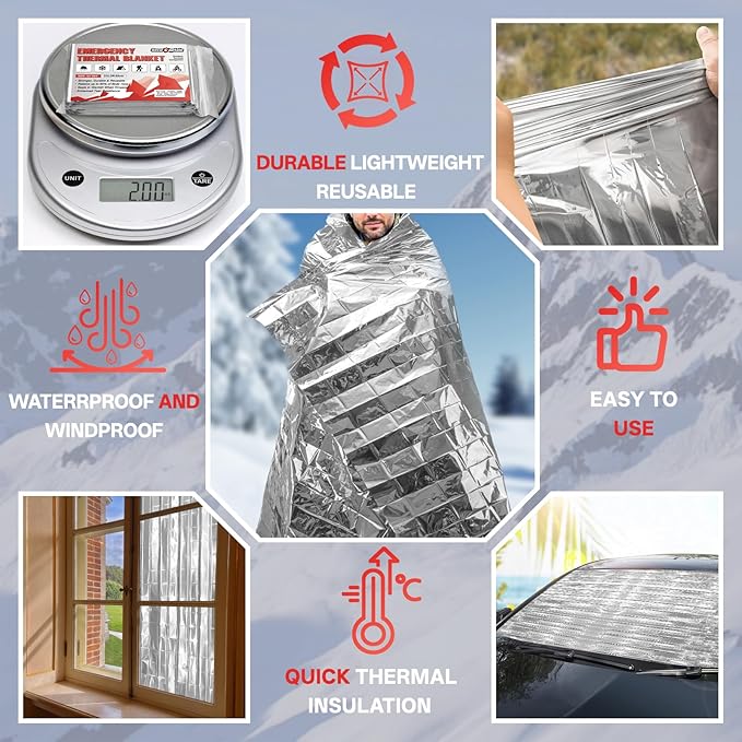 SecuCaptain Survival Emergency Thermal Blankets: Extra Large 84” x63” Space Mylar Blanket Kit for Outdoor Cold Winter Camping Hiking Car Bug Out Bag or First Aid - 4 Pack