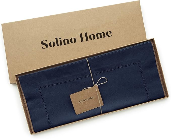 Solino Home Navy Blue Table Runner 144 Inches Long - Cotton Linen Hemstitch Extra Long Table Runner 14 x 144 Inch for Winter, Spring, Easter