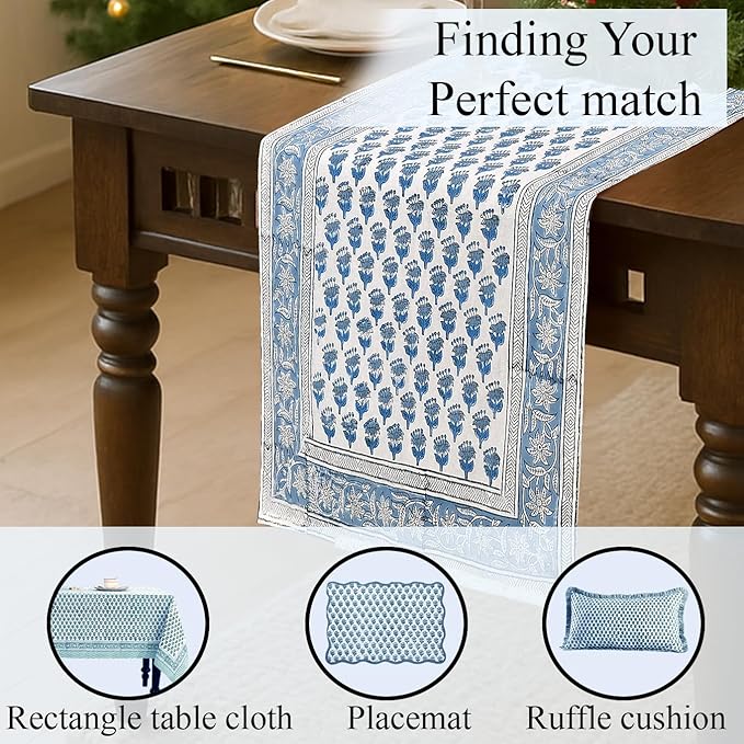 CPC Cotton Table Runner 16x60 Inch Block Printed Long Fall Table Runner for Dining Table, Card Table, Coffee Table, Wedding, Farmhouse & Outdoor Barbeque-Apatite Blue