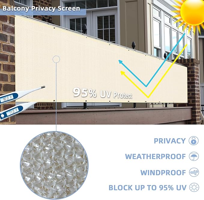 3'x16.4'Balcony Privacy Screen Cover Fence Cover UV Protection Weatherproof Windscreen Heavy Duty for Patio, Backyard,Beige