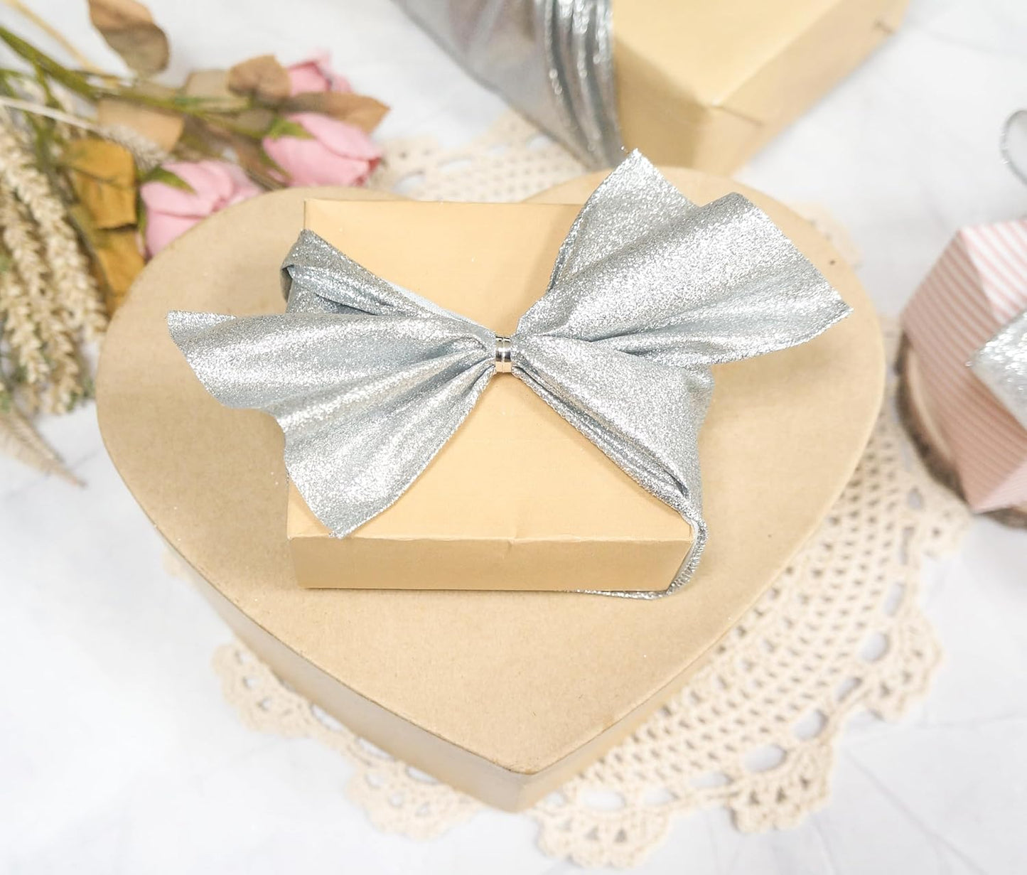 CT CRAFT LLC Glitter Wired Ribbon 4" x 10 Yards Silver for Christmas Home Decor Bow Gift Wrapping DIY Crafts Wreath