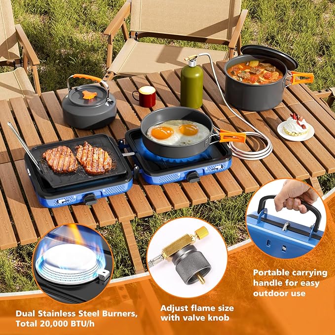 Hisencn Camping Stove,2 Burner Propane Stove,20000 BTU/h Camping Cooking set Includes Frying Pan,Kettle and Pot,Adjustable Burners & Piezo Ignition,Portable stove for camping Outdoor,Blue