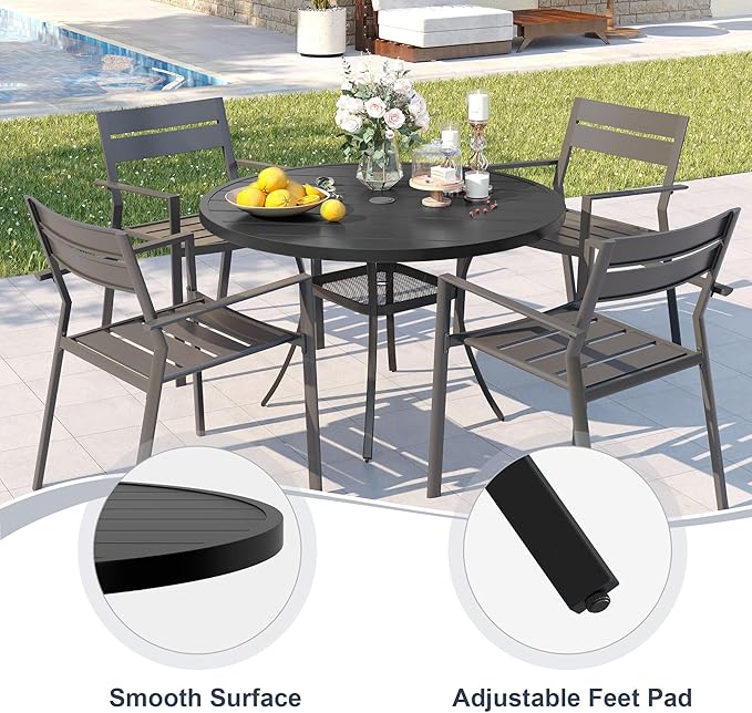 VICLLAX 41 Inches Round Patio Dining Table with Umbrella Hole, Metal Outdoor Dining Table for Garden, Patio, Porch, Black