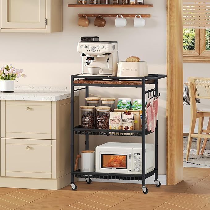 Microwave Kitchen Cart with Push Handle, 3 Tier Rolling Cart with 2 Lockable Wheels, Vintage Kitchen Storage Cart with 210Lbs Capacity for Kitchen Island, Restaurant, Coffee Bar, Living Room, Office