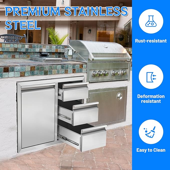 Outdoor Kitchen Drawer Combo, Stainless Steel Triple Drawer Cabinet with Built-in Trash Drawer & Two Trash Cans, 28" W x 22" H x 19.5" D Outdoor Kitchen Storage for BBQ Grill Islands