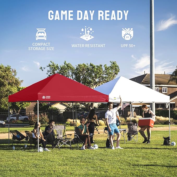 CROWN SHADES 8x8 Pop Up Canopy - Beach Tent with One Push Setup - Easy Outdoor Sun Shade for Events, Parties, Camping - Gazebo with STO-N-Go Cover Bag, Silver Coated Top, Red